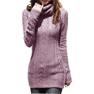 Women's Polo Neck Long Fitted Dress Bodycon Turtleneck Cable Knit Sweater Orchid